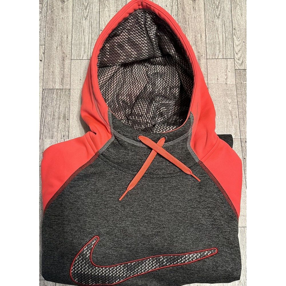 Nike Therma Fit Hoodie Womens Medium Pullover Fleece Lined Gray Neon Pink Cozy